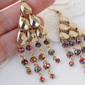 Handmade Gold Chandelier Earrings: Purple Beaded Dangles, Vintage Style