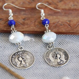 Queen Elizabeth Coin Dangle Earrings: White & Navy Blue Czech Glass
