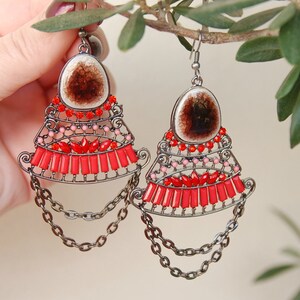 Red Statement Earrings: Boho Chandelier Earrings with Glass Cabochons