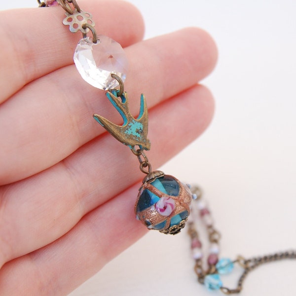 Swallow Bird dangle pendant necklace with Teal Blue Wedding Cake bead, Real Pearl, vintage beads, Upcycled handmade Bead Chain necklace