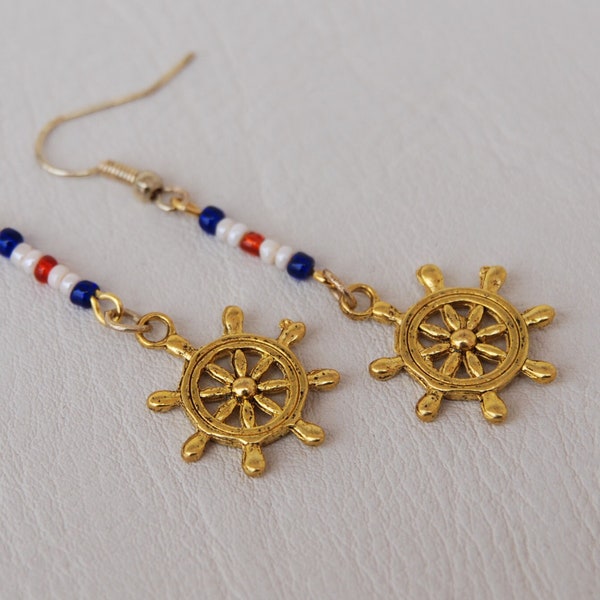 Steering Wheel charm dangle earrings with White Red & Blue seed beads, Marine earrings, Maritime jewelry, Sailor jewelry, Nautical jewelry