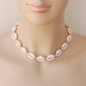 Cowrie Shell Choker: Boho Beach Necklace with Golden Beads
