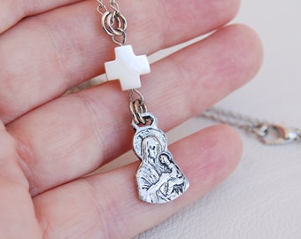 Virgin Mary and Baby Jesus pendant necklace with Mother of Pearl Cross, Madonna / Our Lady Religious necklace Christian / Catholic jewelry