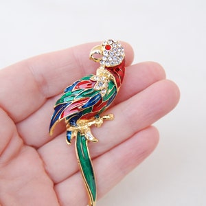 Vintage Parrot Bird brooch gold tone, Red Green & Blue enamel with Clear rhinestones, Exotic Bird figural long brooch pin, Parrot Lover gift