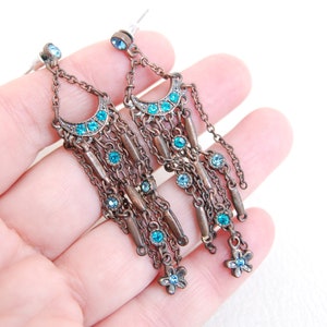 Vintage blauwgroene strass kroonluchteroorbellen: boho tribal hangers