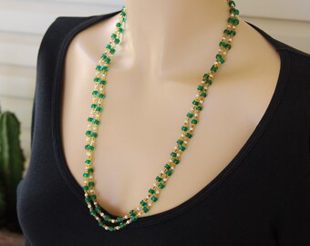Vintage groene glaskraal flapperketting: 52" art-deco gelaagde ketting