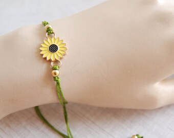 Sunflower charm bracelet adjustable, Stackable Green сord string bracelet, Friendship bracelet, Summer bracelet