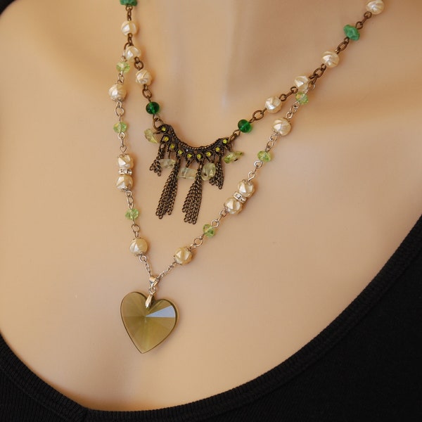 Olive Green Lucite Heart pendant layered necklace with Vintage Baroque faux Pearls, Upcycled Two tone silver & brass handmade necklace