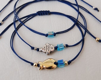 Adjustable Fish Bracelet, Maritime Blue Cord, Gold or Silver Charm