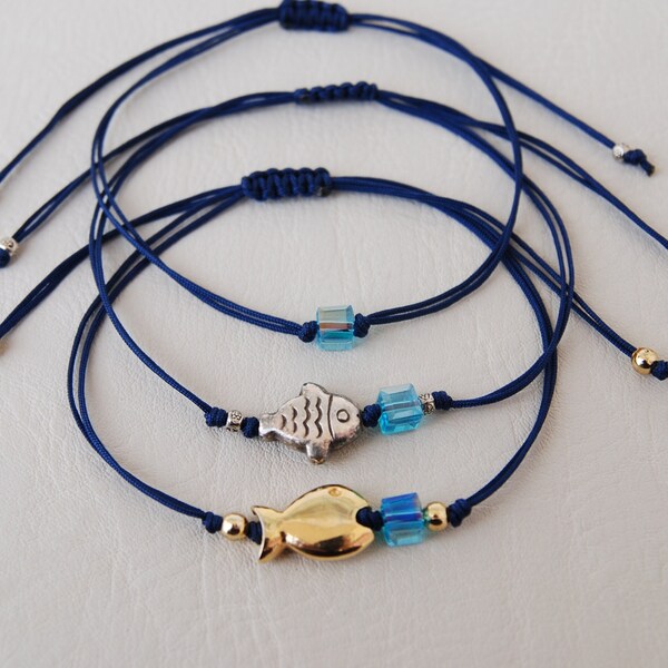 Fish bracelet adjustable, Maritime Blue cord tiny string bracelet with Gold or Silver Fish charm or Single Blue cube bead Your Shoice