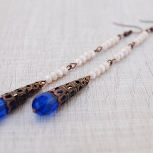 Sapphire Blue Teardrop Earrings: Ivory Czech Glass, Copper Dangle Earrings