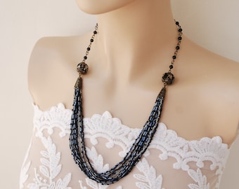 Black Seed Bead Multi strand necklace 27'' Black, White & Hematite color seed beads Handmade jewelry Gift idea