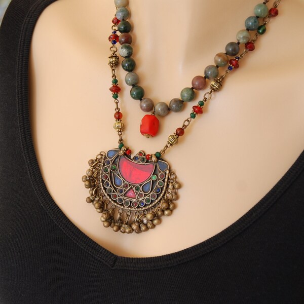 Vintage Afghan Kuchi pendant, Boho Chic handmade necklace SET of 2, One of a kind jewelry SET with Ethnic pendant, Indian Agate & Red Coral