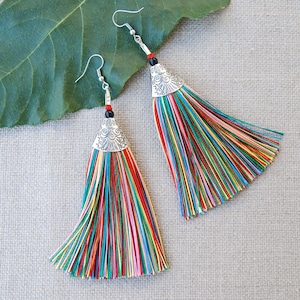 Colorful Tassel Earrings: Boho Hippie Style, Silver Tone