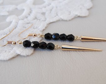 Gold Spike dangle earrings, Black faceted bead Long earrings, Rock style Edgy Punk earrings, Goth earrings, Alternative earrings