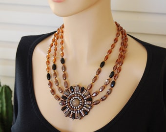 Vintage Brown glass bead necklace with Large beaded Flower pendant in the center, Statement Earth tone Large necklace/ Boho necklace