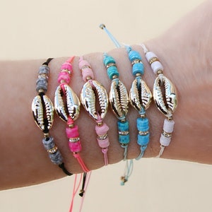 Gold Cowrie Shell Bracelet: Boho Heishi Bead Summer Jewelry