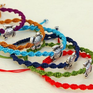 Sea Turtle Bracelet: Silver Charm, Macrame Cord, Adjustable Boho Jewelry