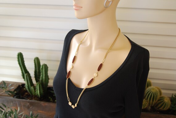 Vintage Gold tone Long Chain necklace with Beige … - image 10