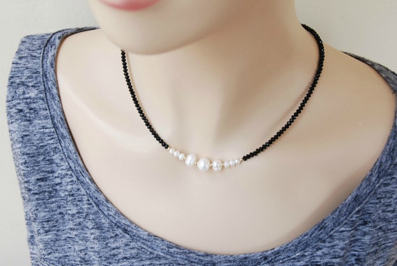 Tiny Pearl Choker Necklace With Sparkly Black Seed Bead, Single