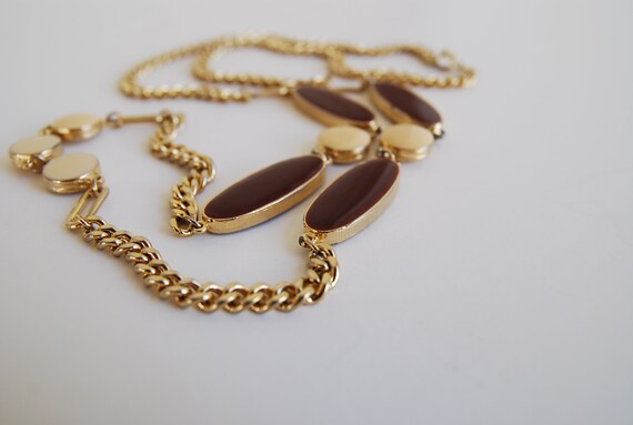Vintage Gold tone Long Chain necklace with Beige … - image 4