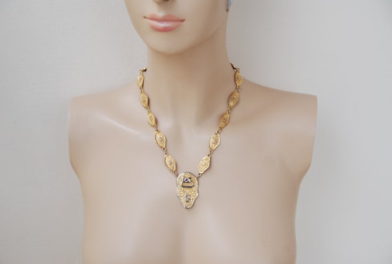 Vintage Gold Link necklace Hieroglyph pendant nec… - image 6