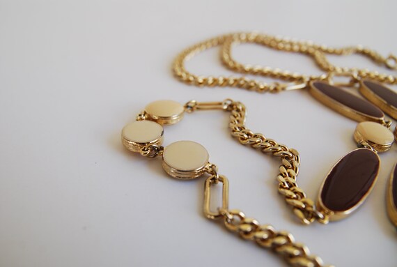 Vintage Gold tone Long Chain necklace with Beige … - image 5