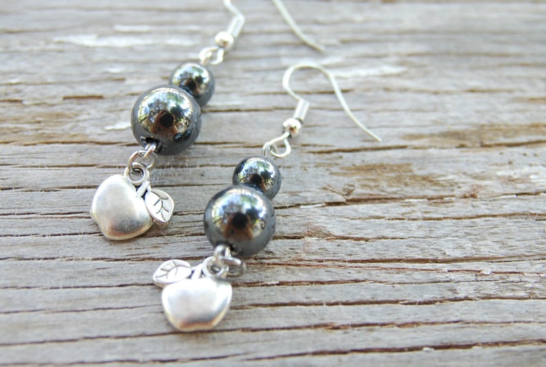 Hematite beaded earrings Cute apple charm earrings Hematite jewelry Healing gemstone black earrings Pastel goth jewelry Gothic Lolita gifts