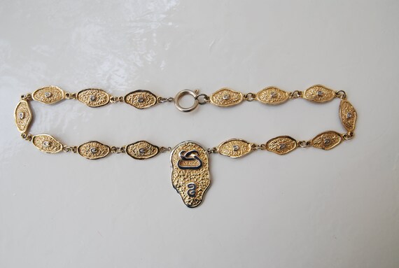 Vintage Gold Link necklace Hieroglyph pendant nec… - image 3