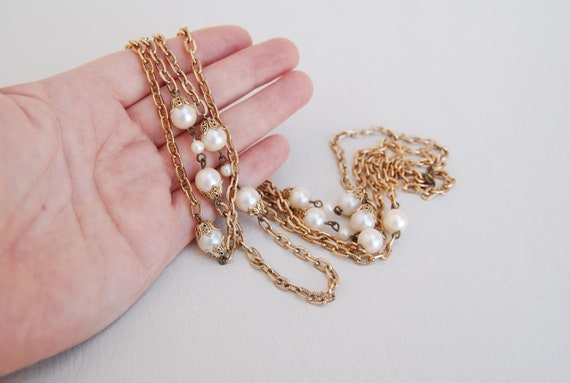 Vintage Gold Tone Faux Pearl Double Chain Necklace