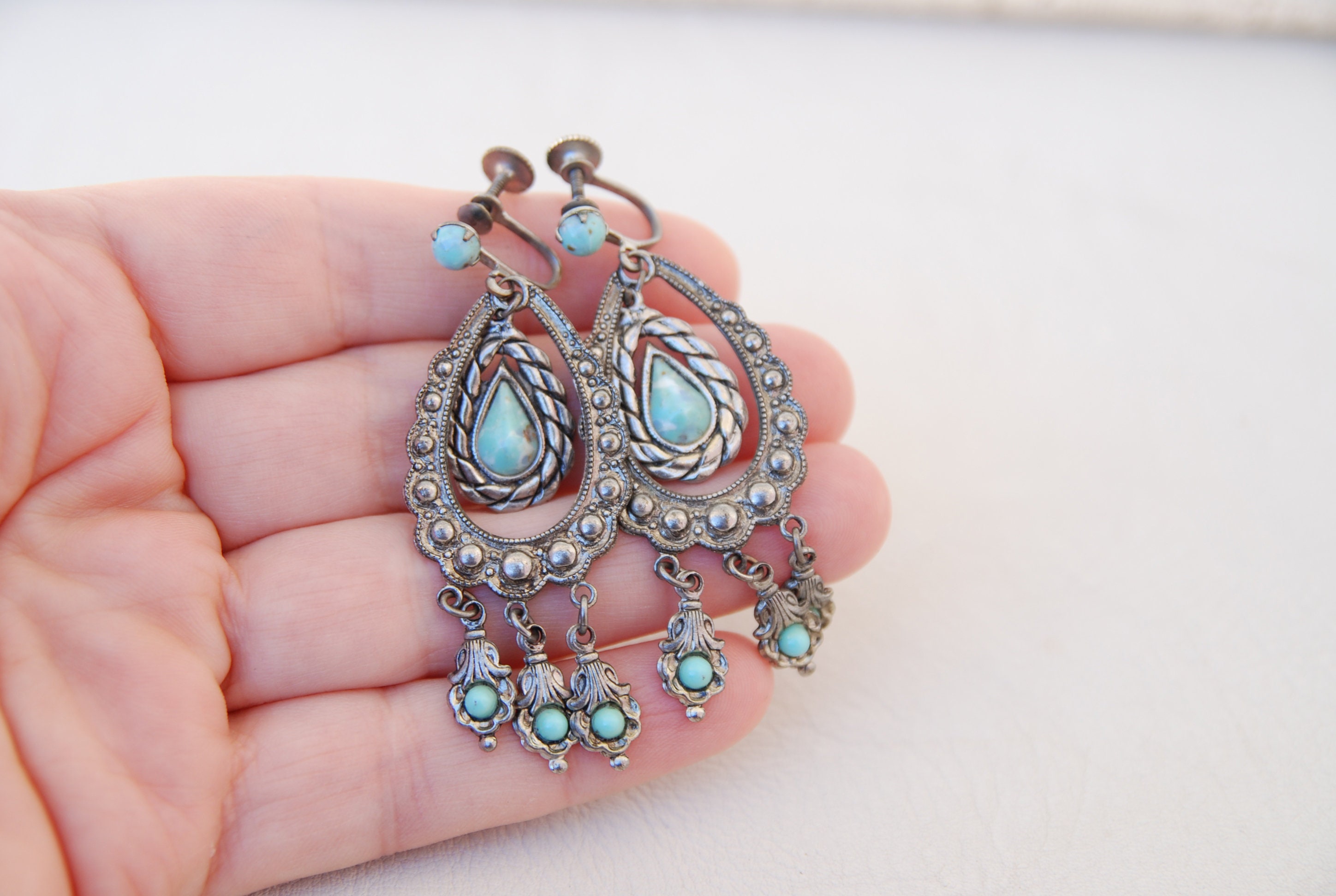 Orecchini A Clip Vintage Southwest In Argento Sterling Con Turchese Simulato, Forma A Ventaglio, Gioielli Western Per Donne