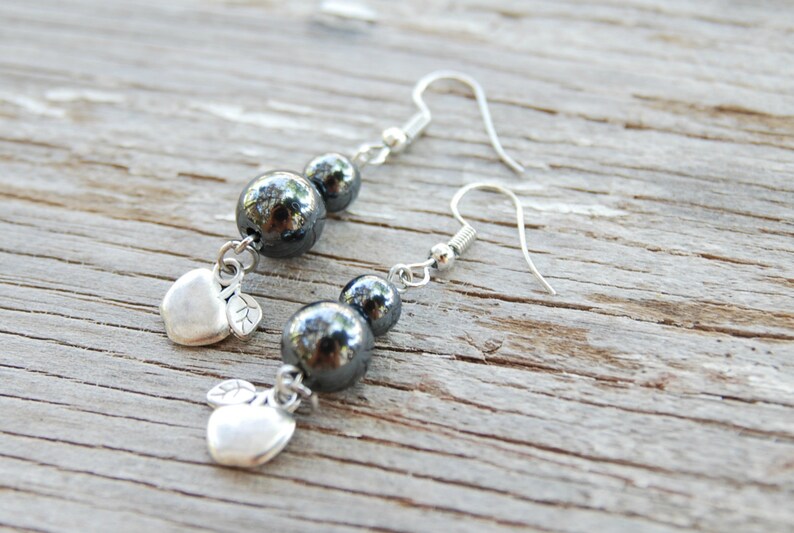 Hematite beaded earrings Cute apple charm earrings Hematite jewelry Healing gemstone black earrings Pastel goth jewelry Gothic Lolita gifts