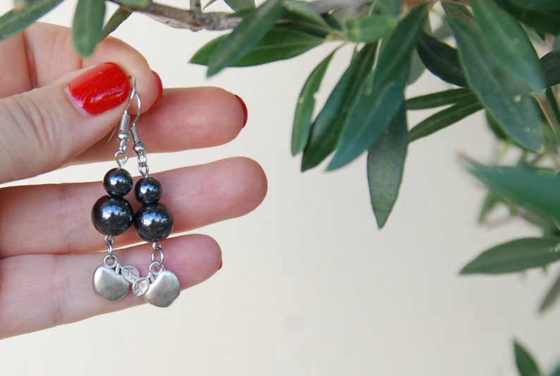 Hematite beaded earrings Cute apple charm earrings Hematite jewelry Healing gemstone black earrings Pastel goth jewelry Gothic Lolita gifts