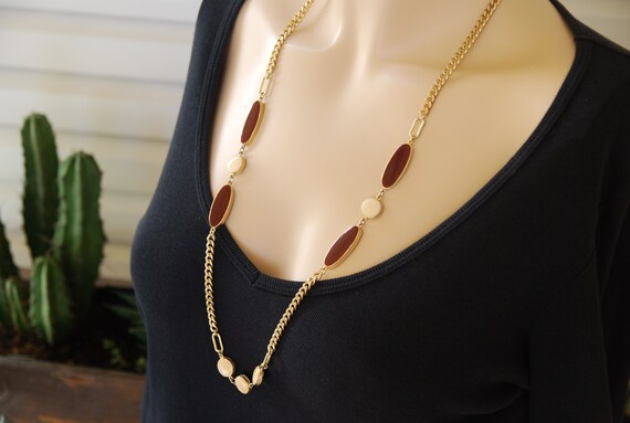 Vintage Gold tone Long Chain necklace with Beige … - image 1