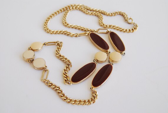 Vintage Gold tone Long Chain necklace with Beige … - image 2