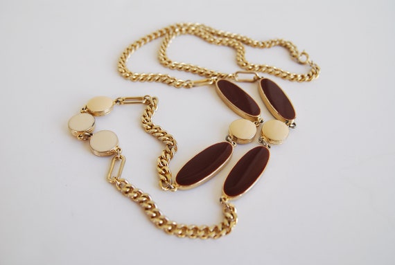 Vintage Gold tone Long Chain necklace with Beige … - image 3