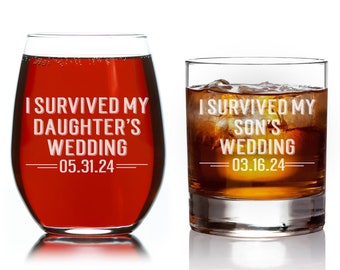 I Survived My Daughter's Wedding Glassware, Gift for Parents, Gift for Mom, Mother of the Bride, Father of the Bride, Mother of the Groom