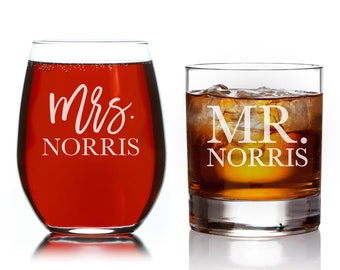 Mr and Mrs Whiskey and Wine Glass Set, Custom Engraved, Gift for Couple, Whiskey Glass Set, Wedding Gift For Couple Unique, Personalized