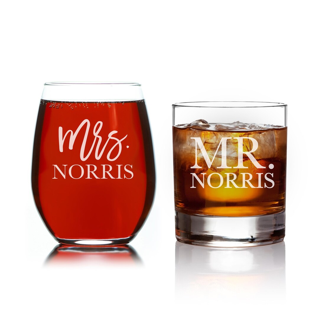 Mr and Mrs Whiskey and Wine Glass Set, Custom Engraved, Gift for Couple