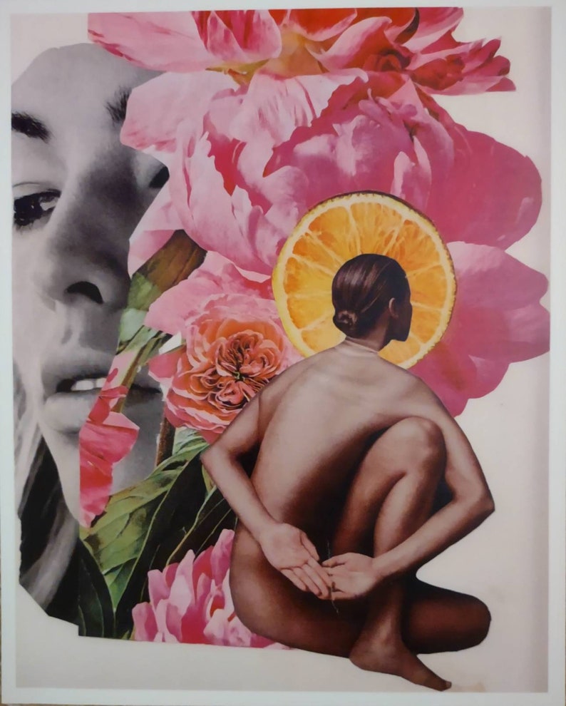 Collage/mix media-Giant Pink  flower botnay model nude orange fr