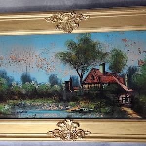 Antique Reverse Painted Glass Water and Landscape - 36&quot; x 18&quot; with Gilded Frame