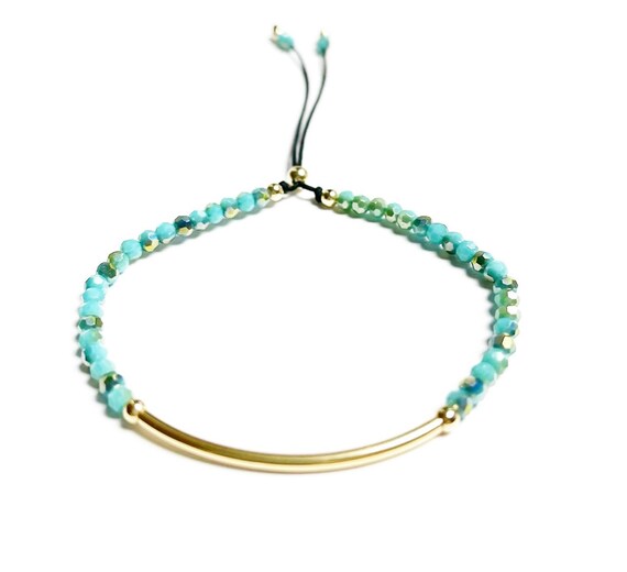 Solid 14k Yellow Gold Bar Charm Beaded Bracelets Etsy