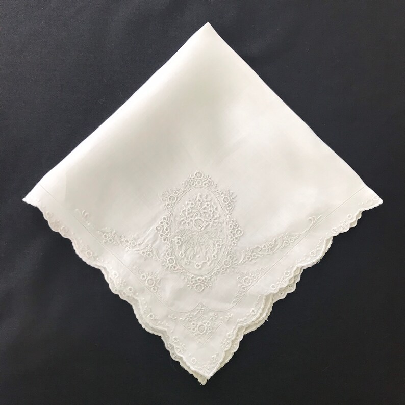 An Exquisite Embroidered Very Fine Linen Scalloped Edge Handkerchief \u2026 Perfect As A Wedding Hankie