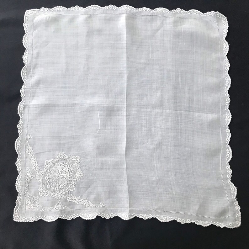 An Exquisite Embroidered Very Fine Linen Scalloped Edge Handkerchief \u2026 Perfect As A Wedding Hankie