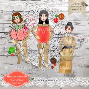 Printable mixed sewing theme paper dolls, Junk Journal and collage Ephemera, Printables, Digital Download, BeccasPaperPosies