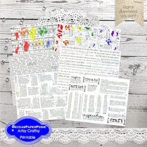 Puede incluir: Cuatro hojas de papel digital imprimibles con fondo blanco y salpicaduras de pintura de colores. Las hojas presentan varias palabras y frases relacionadas con el arte, incluyendo "inspirar", "crear", "artista", "imaginar", "inspiración" y "artesanía".