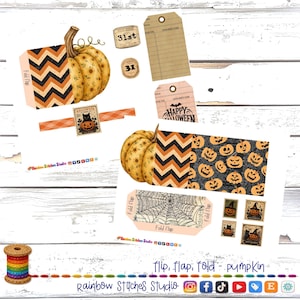 May include: A digital craft sheet featuring Halloween-themed elements including a pumpkin with a chevron pattern, a spider web design, library-style tags, and small stamps with black cats and pumpkins. The text includes 31, Happy Halloween, and Fold flap.