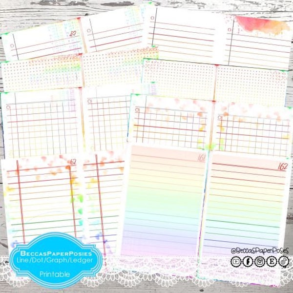 Rainbow junk journal printable Line, graph, dots and ledger style color printable BeccasPaperPosies.