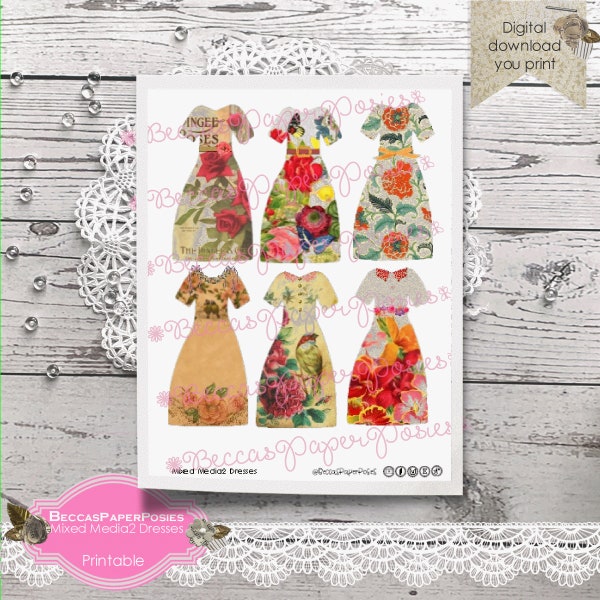 Mixed media dresses, Junk Journal and collage Ephemera, Printables, Digital Download, BeccasPaperPosies