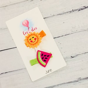 June Hair Pins Set - Summer Sun and Cool Watermelon Barrettes/Clips (2 Pins)